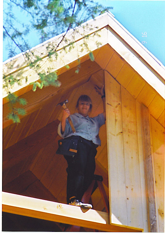 Jen nailing down T & G walls--Sept 2001